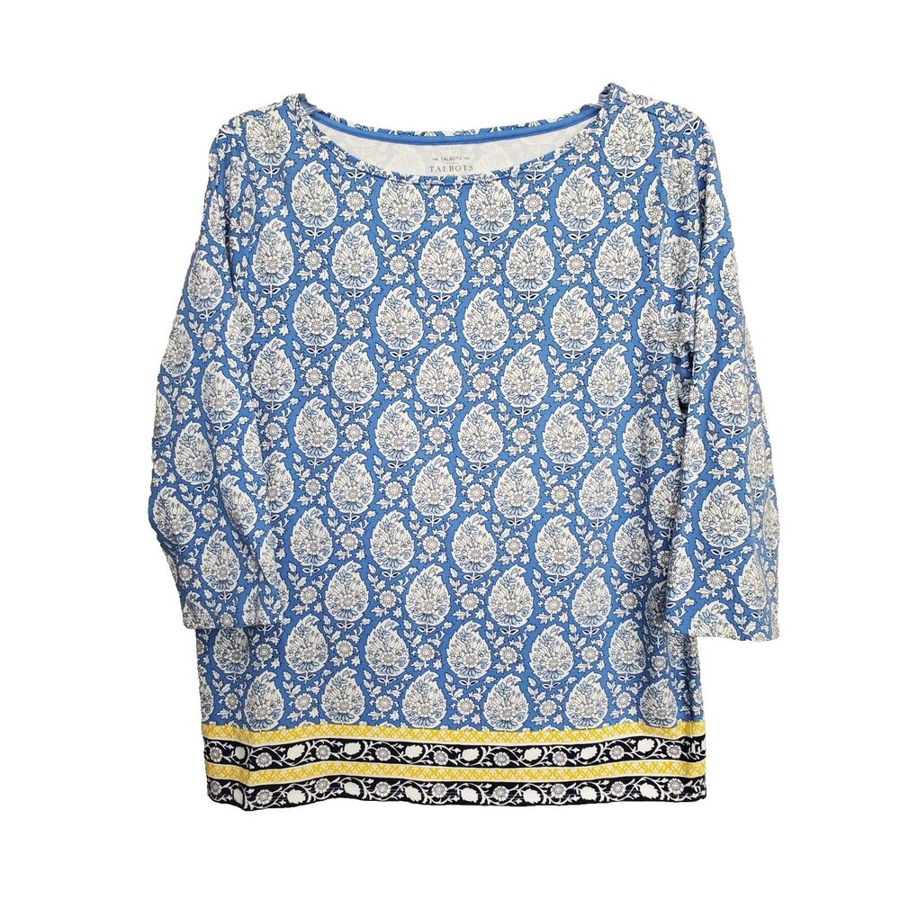 Talbots Plus Cotton/Spandex Geo Border Print Boat Neck 3/4 Sleeve T-Shirt 2X
